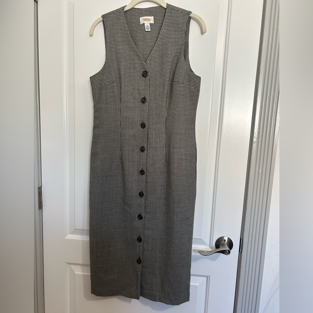 VTG 90s Talbots Black Houndstooth Print Wool Tweed Button Front Dress Academia 4